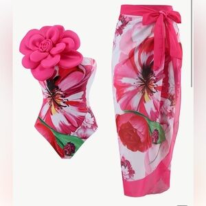 Floral Pink One-Piece Swimsuit with Sarong